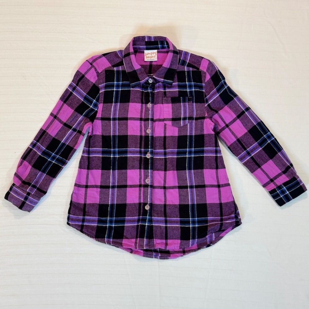 Jumping Beans Girls Purple Plaid Flannel Button Down Shirt Size 4 Glitter Button